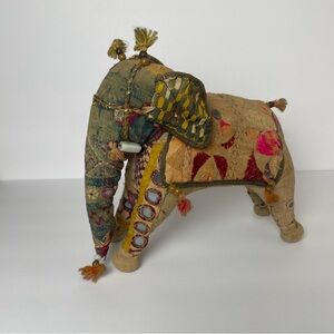 VTG India Folk Art Elephant Hand Woven Fabric Mirrors BOHO Rajasthan MCM 10 inch